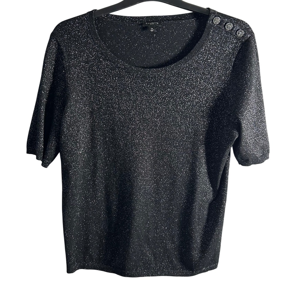 Talbots Petite Black Sparkle Knit Top Short Sleeve Jeweled Button Size Lp